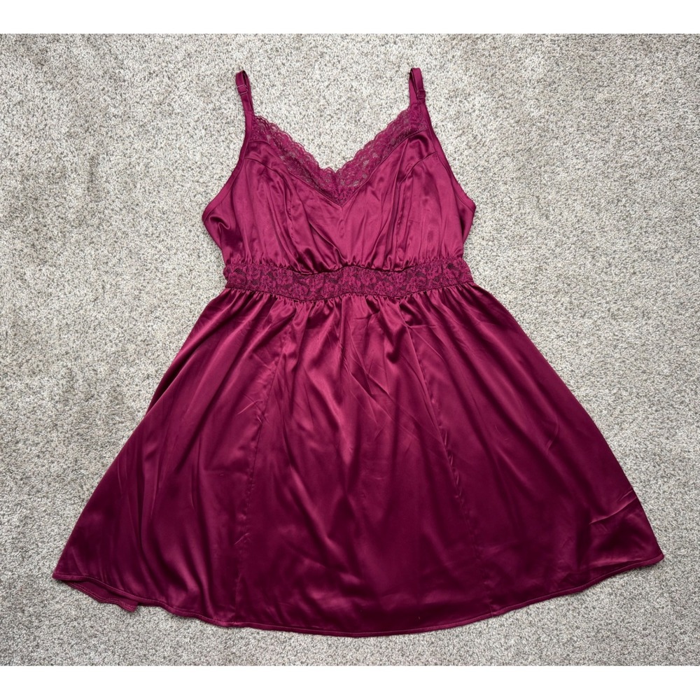 Torrid Sleep Nightgown Chemise 1 Wine Burgundy Satin Lace Trim Babydoll Lingerie